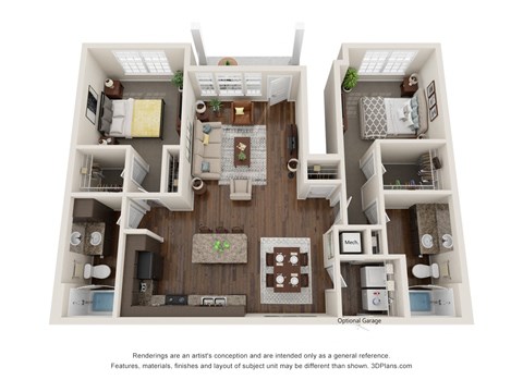 Floor plan for 2 beds, 2 baths, 1088 sqft